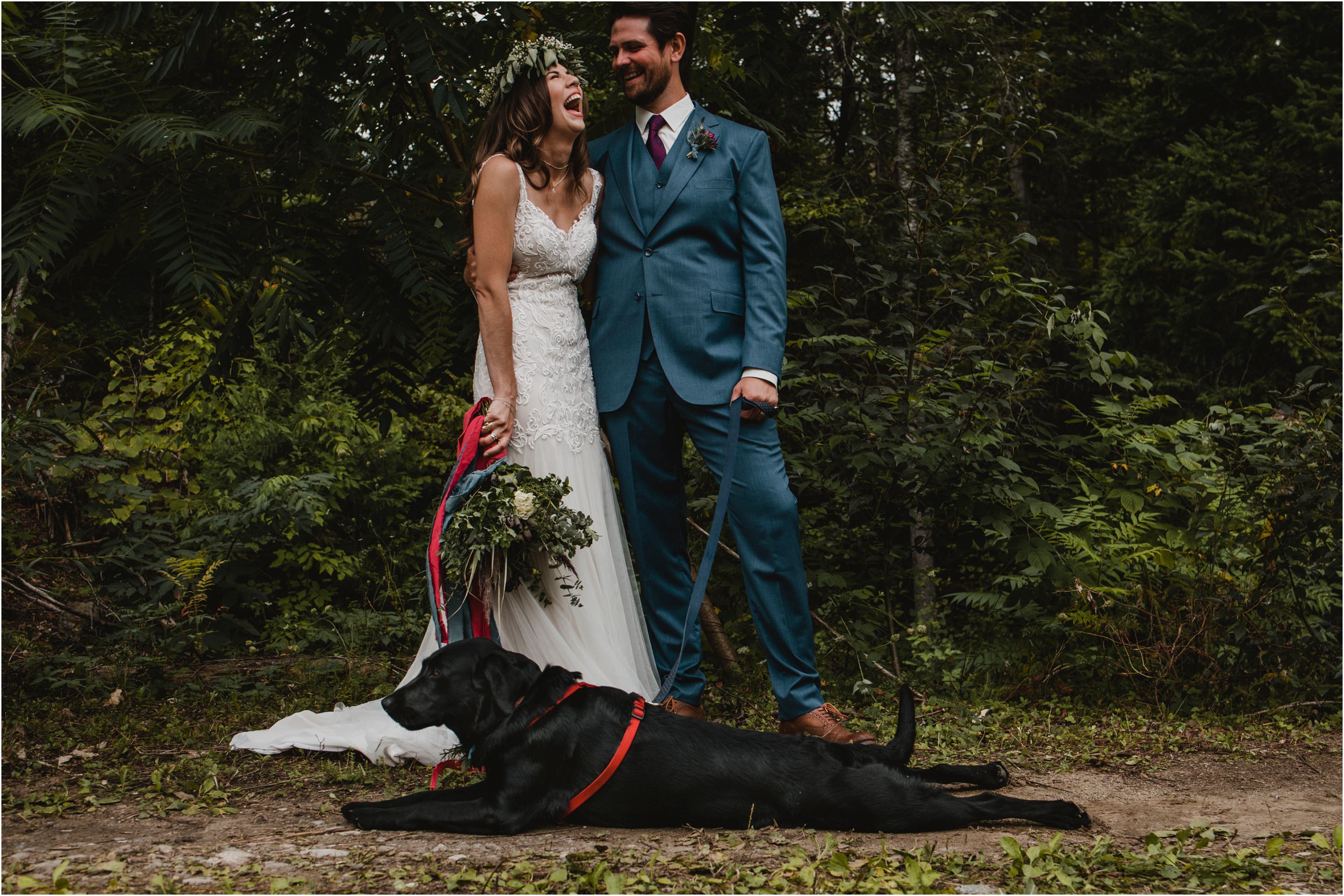 Bride & Groom and their dog at Wilderness Tours Wedding - Cindy Lottes Photography