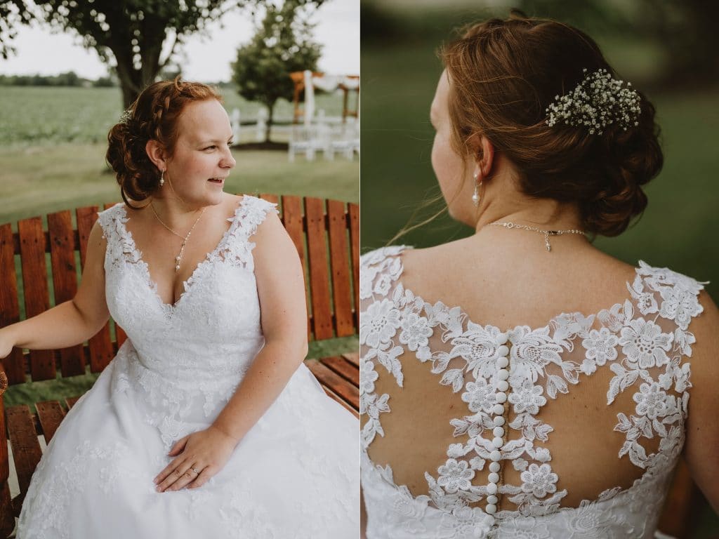 North Gower Backyard Wedding - bride's updo hairstyle with fresh flowers
