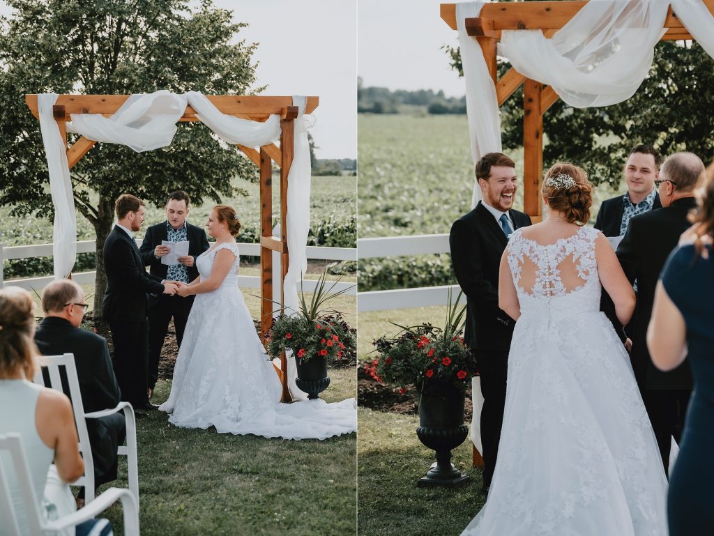 North Gower Backyard Wedding - groom laughs at dad's comment during ceremony