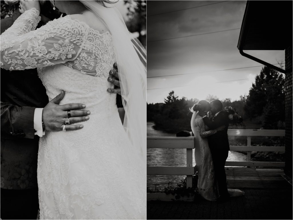 black and white photos of bride and groom embracing during sunset at Orchard View