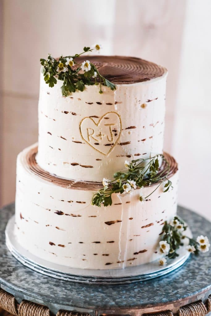 Birch Bark two-tier wedding cake with fresh greenery