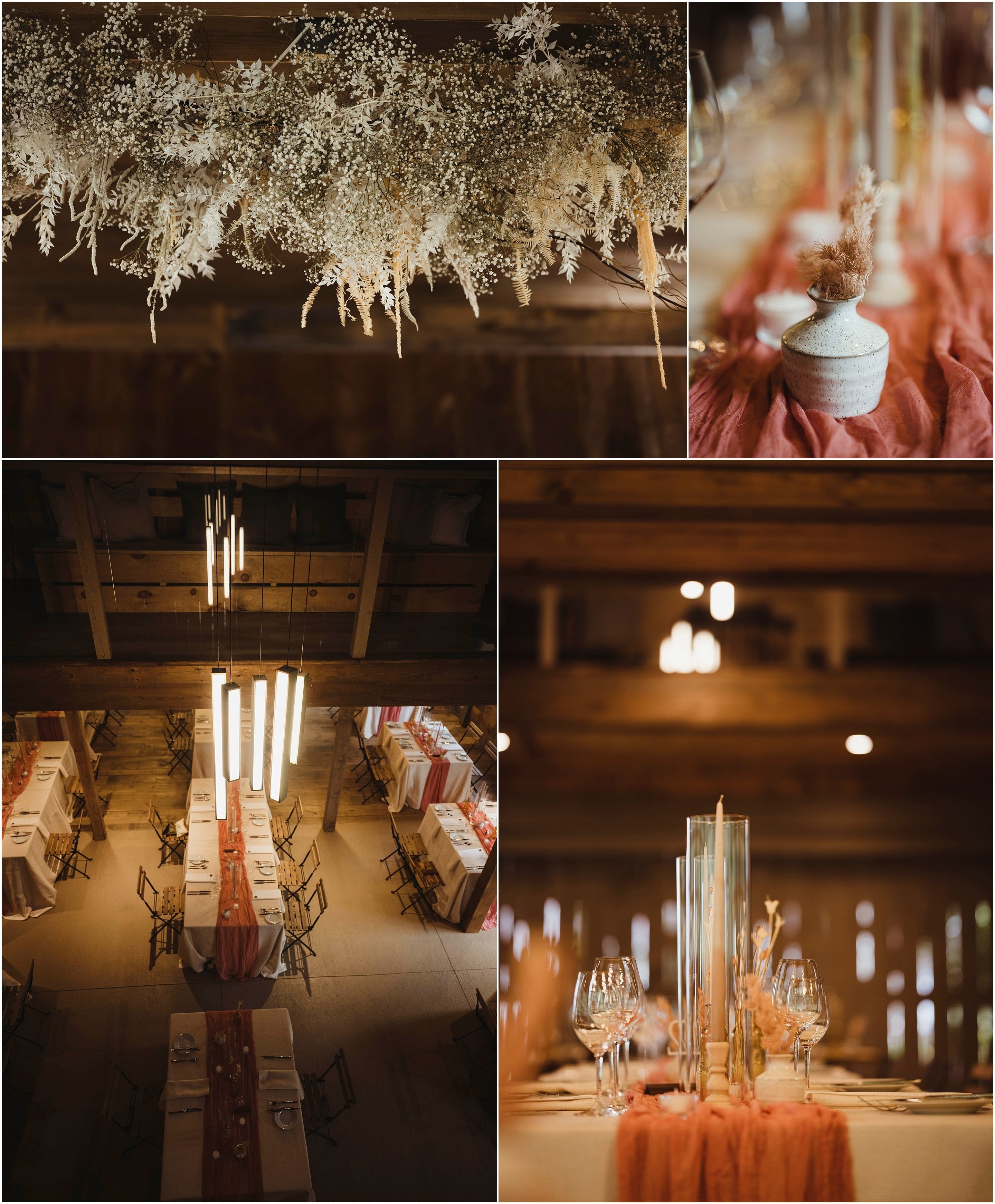 a collage of photos showing decorations at this fall wedding at Adelina