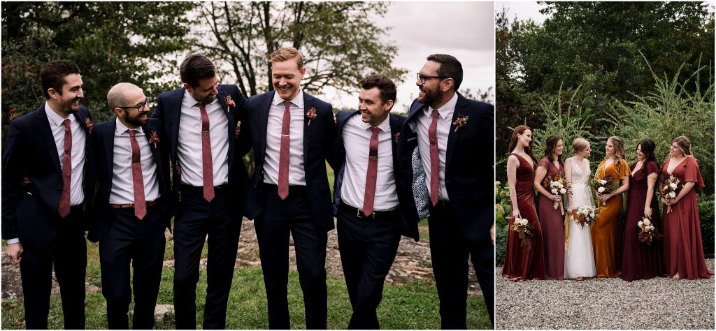 wedding party wearing browns, navy blues, mustards and oranges at a fall wedding
