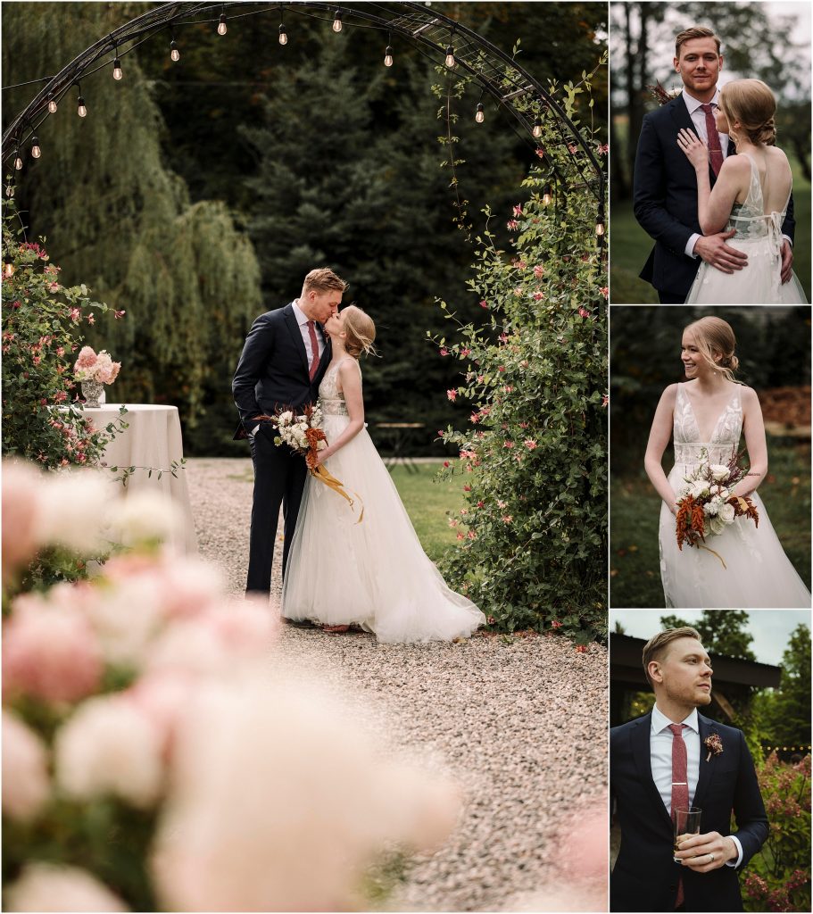 a collage of images of a bride and groom on their wedding day at Adelina Barn in Gatineau