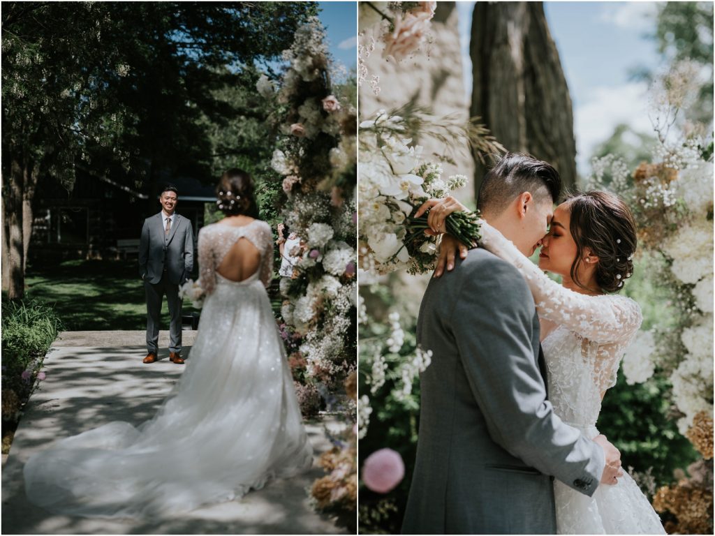 portraits of a bride and groom posing in a floral garden at Stonefields Estate