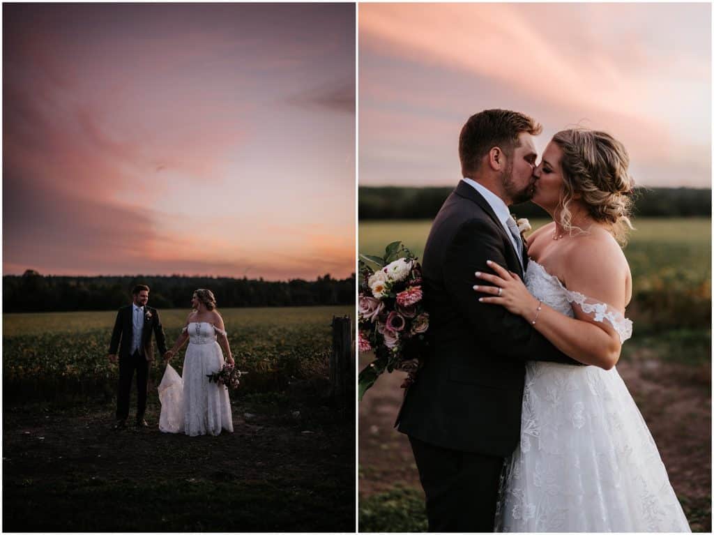 A pink sunsets and a bride and groom kissing. Photo by Cindy Lottes Photography