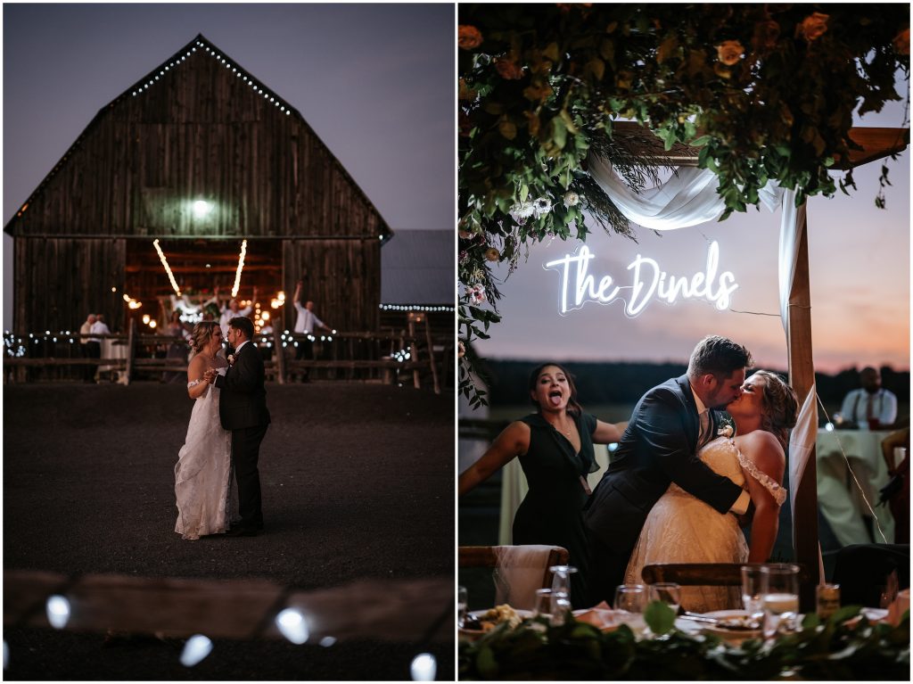 A bride and groom dancing in front of a barn with twinkle lights on their wedding day as the sun sets. Photo by Cindy Lottes Photography