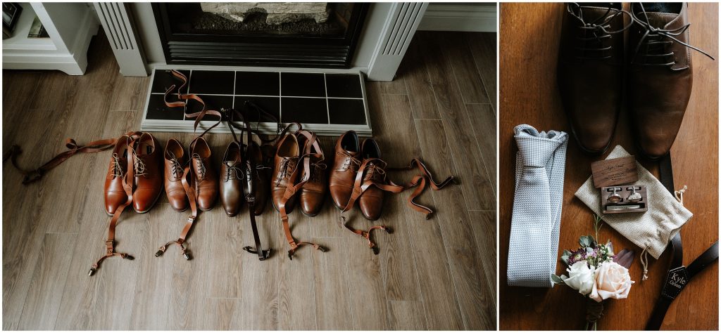 5 pairs of brown leather shoes and suspenders lined up in front of a fireplace. Photo by Cindy Lottes Photography