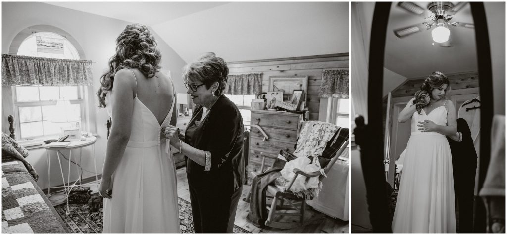 Kathryn's mom helps her into her wedding dress.