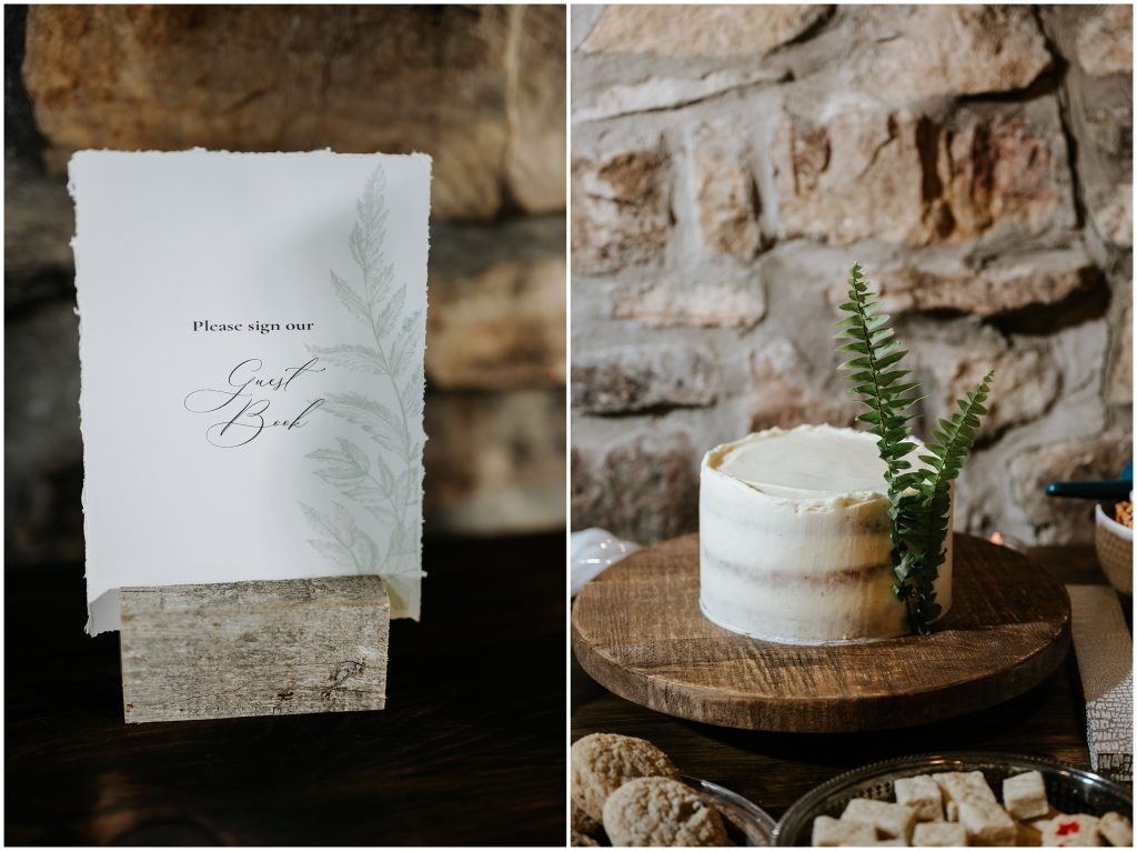 Guest Book stationery and a simple one tier white wedding cake with fresh ferns