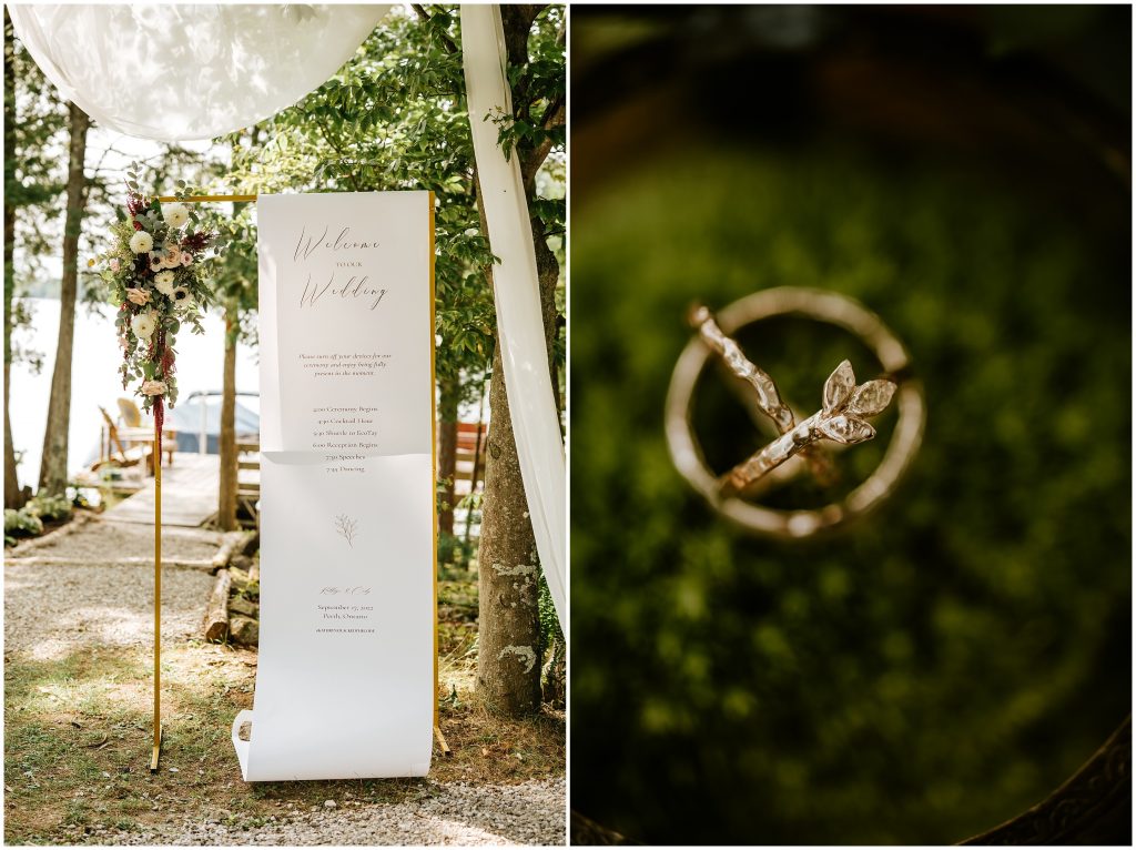 an outdoor lakeside ceremony location in Perth and a close-up of custom gold wedding bands. Photos by Cindy Lottes Photography