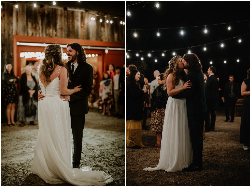 Kathryn & Cody dance under the stars and twinkle lights at Ecotay Wedding venue in Perth, Ontario.